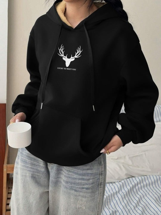 Women Printed Black Hooded Hoodie — Graphic Pullover with Kangaroo Pocket | DOCACCA Pakistan
