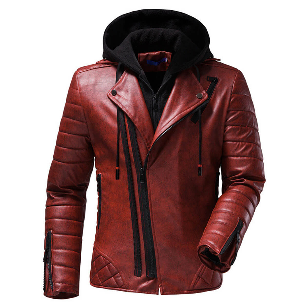 Men's Vintage Distressed Maroon Biker Genuine Sheepskin Lapel Collar Hooded Motorcycle Rider Crossover Retro Quilted Asymmetric Leather Jacket - Front View - Docacca