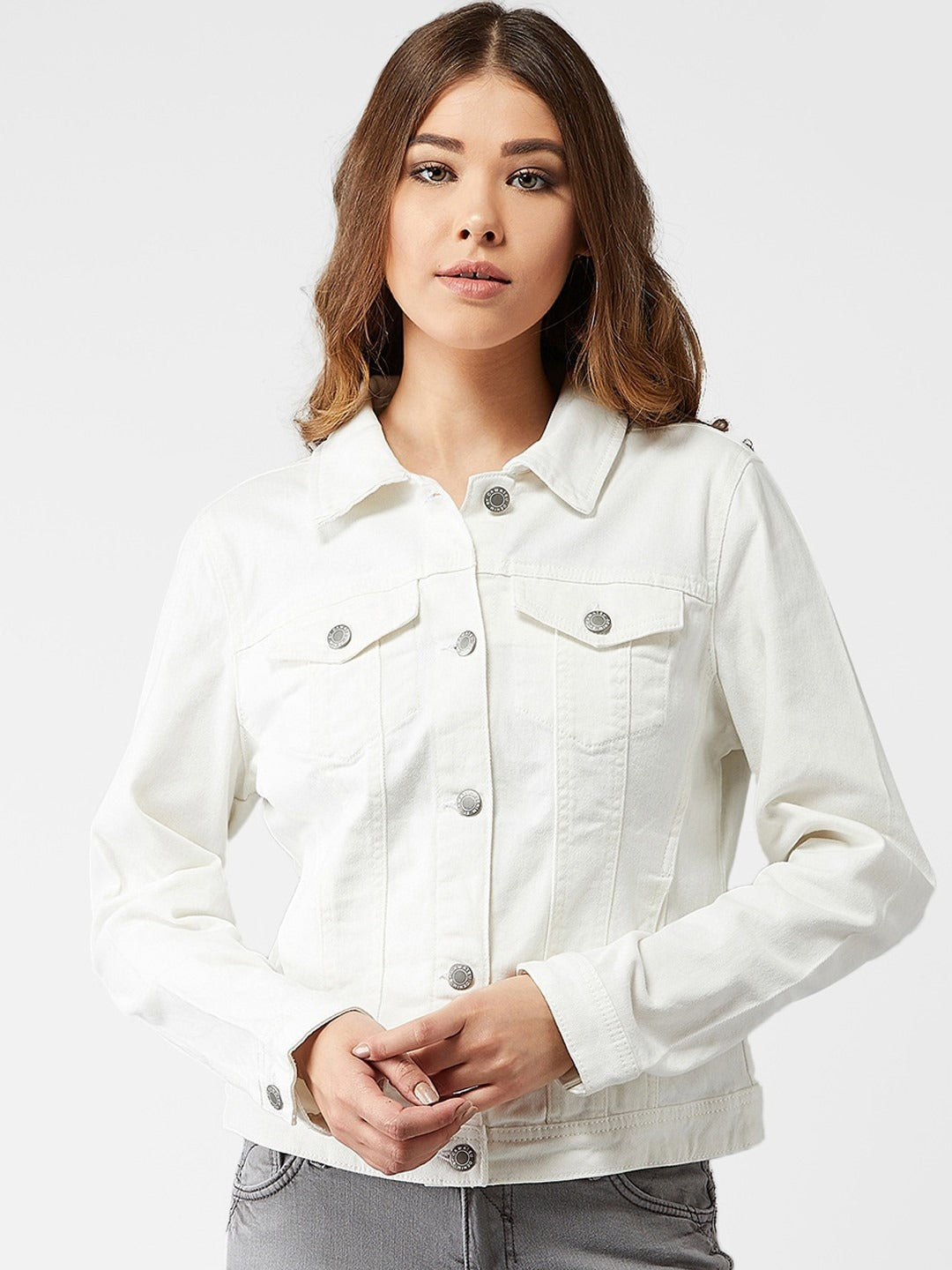 Women White Solid Denim Jacket – Premium Summer Outerwear for Pakistani Style | DOCACCA