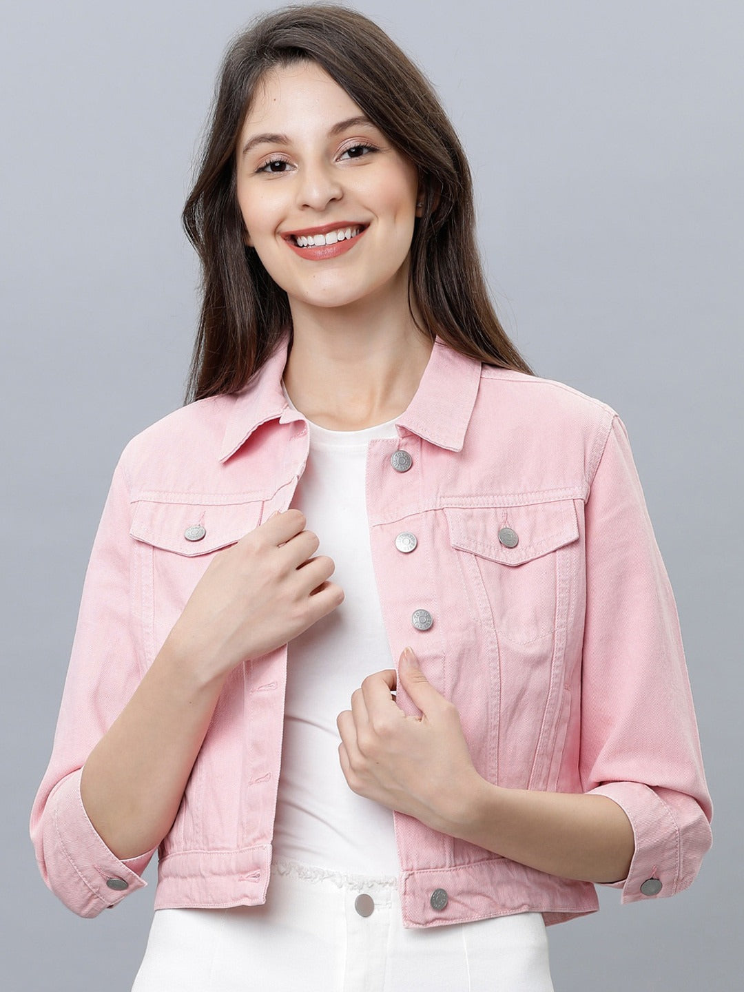 Women Pink Solid Denim Jacket – Trendy Everyday Outerwear for Pakistani Fashion | DOCACCA