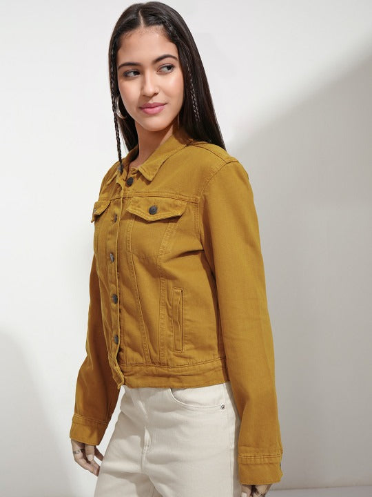 Women Mustard Solid Jacket – Stylish Winter Outerwear for Pakistani Fashion | DOCACCA