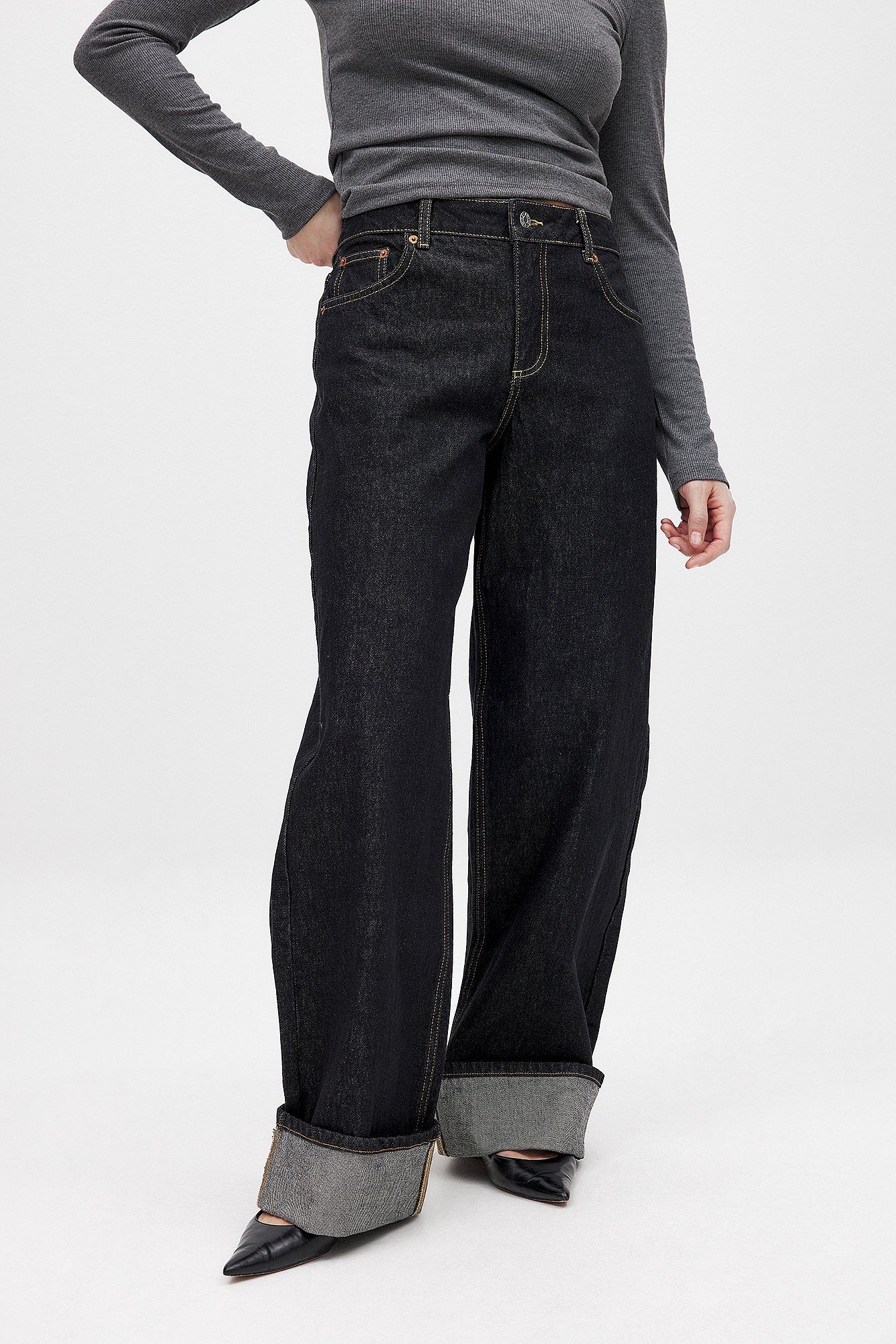 Fold Up Detail Denim Jeans for Women – Trendy Rolled Hem Straight Fit | DOCACCA