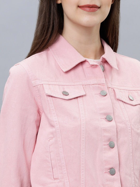 Women Pink Solid Denim Jacket – Trendy Everyday Outerwear for Pakistani Fashion | DOCACCA