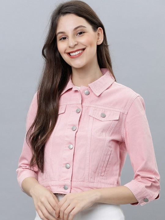 Women Pink Solid Denim Jacket – Trendy Everyday Outerwear for Pakistani Fashion | DOCACCA