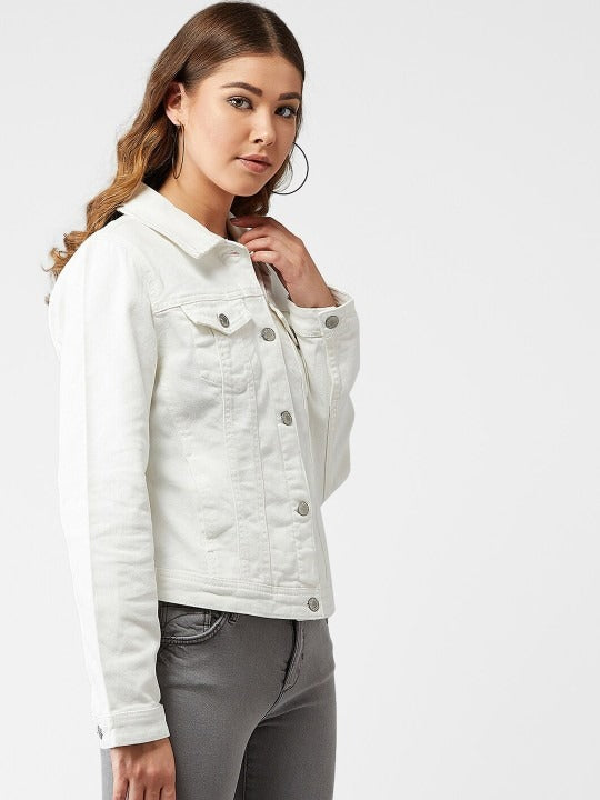 Women White Solid Denim Jacket – Premium Summer Outerwear for Pakistani Style | DOCACCA