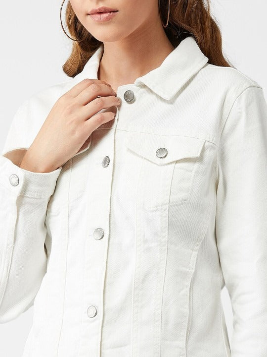 Women White Solid Denim Jacket – Premium Summer Outerwear for Pakistani Style | DOCACCA