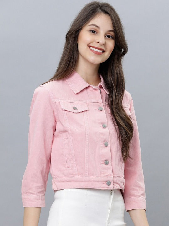 Women Pink Solid Denim Jacket – Trendy Everyday Outerwear for Pakistani Fashion | DOCACCA