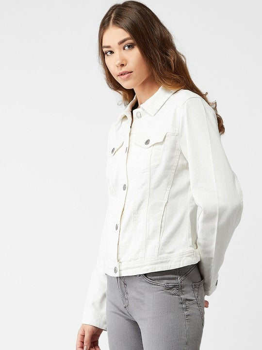 Women White Solid Denim Jacket – Premium Summer Outerwear for Pakistani Style | DOCACCA