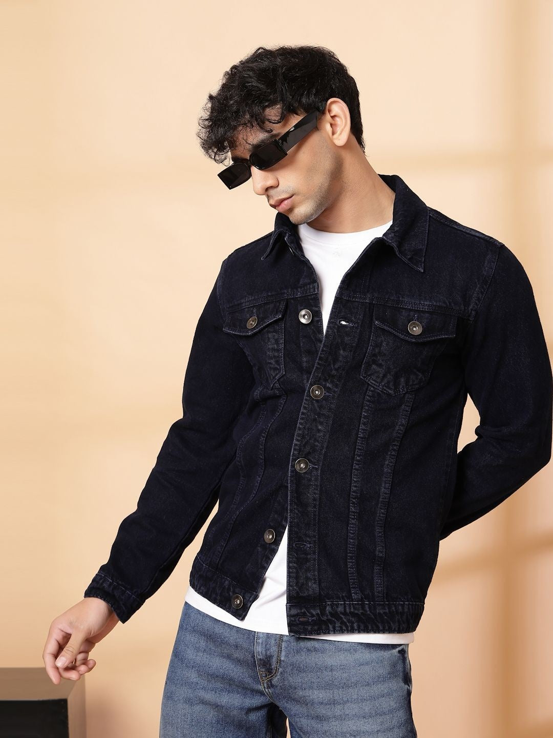 Men’s Spread Collar Solid Denim Jacket – Casual & Classic Street Style by DOCACCA Pakistan
