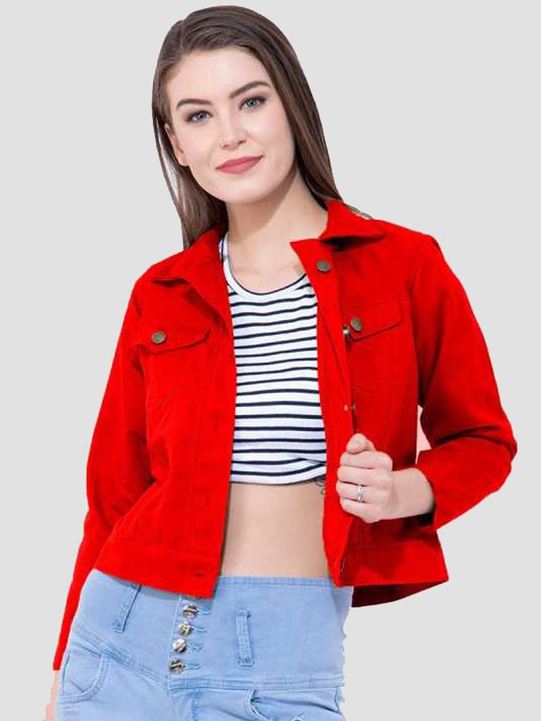 Women Red Cotton Lightweight Crop Denim Jacket – Breathable Summer Streetwear for Pakistan | DOCACCA
