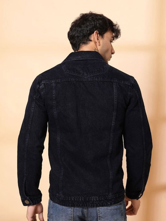Men’s Spread Collar Solid Denim Jacket – Casual & Classic Street Style by DOCACCA Pakistan