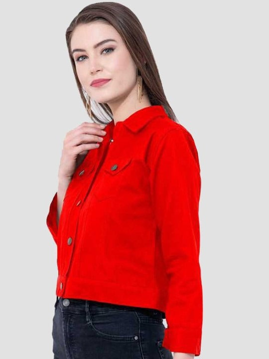 Women Red Cotton Lightweight Crop Denim Jacket – Breathable Summer Streetwear for Pakistan | DOCACCA