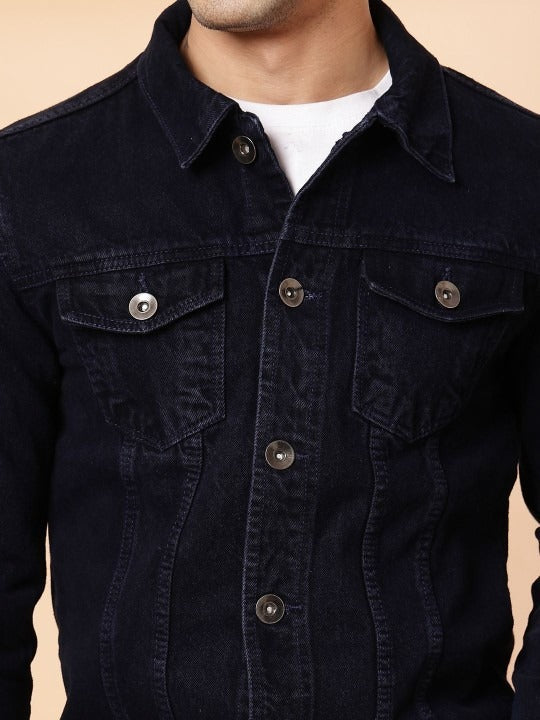 Men’s Spread Collar Solid Denim Jacket – Casual & Classic Street Style by DOCACCA Pakistan