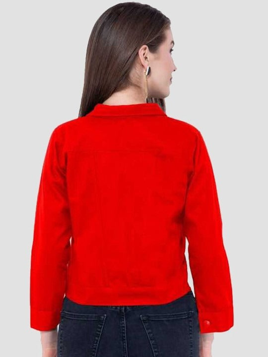 Women Red Cotton Lightweight Crop Denim Jacket – Breathable Summer Streetwear for Pakistan | DOCACCA