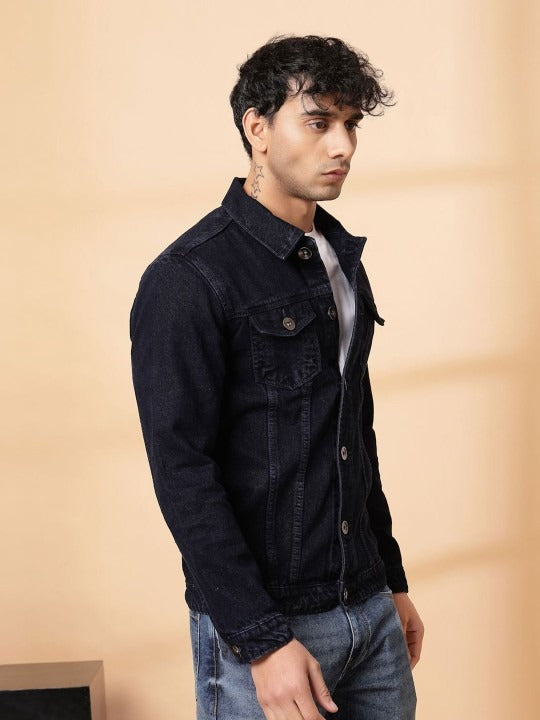 Men’s Spread Collar Solid Denim Jacket – Casual & Classic Street Style by DOCACCA Pakistan