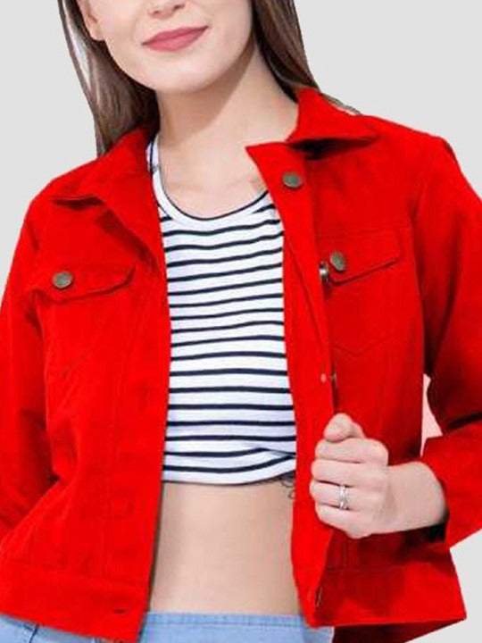 Women Red Cotton Lightweight Crop Denim Jacket – Breathable Summer Streetwear for Pakistan | DOCACCA