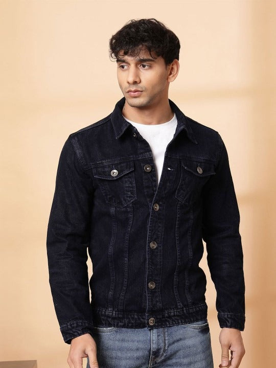 Men’s Spread Collar Solid Denim Jacket – Casual & Classic Street Style by DOCACCA Pakistan
