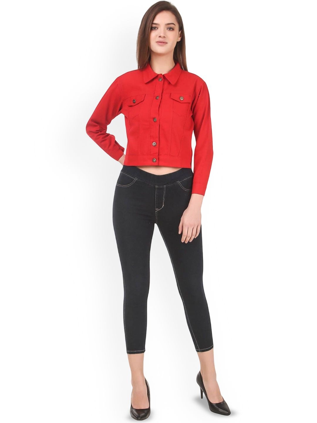 Women Red Spread Collar Solid Casual Denim Jacket – Classic Street Style by DOCACCA Pakistan
