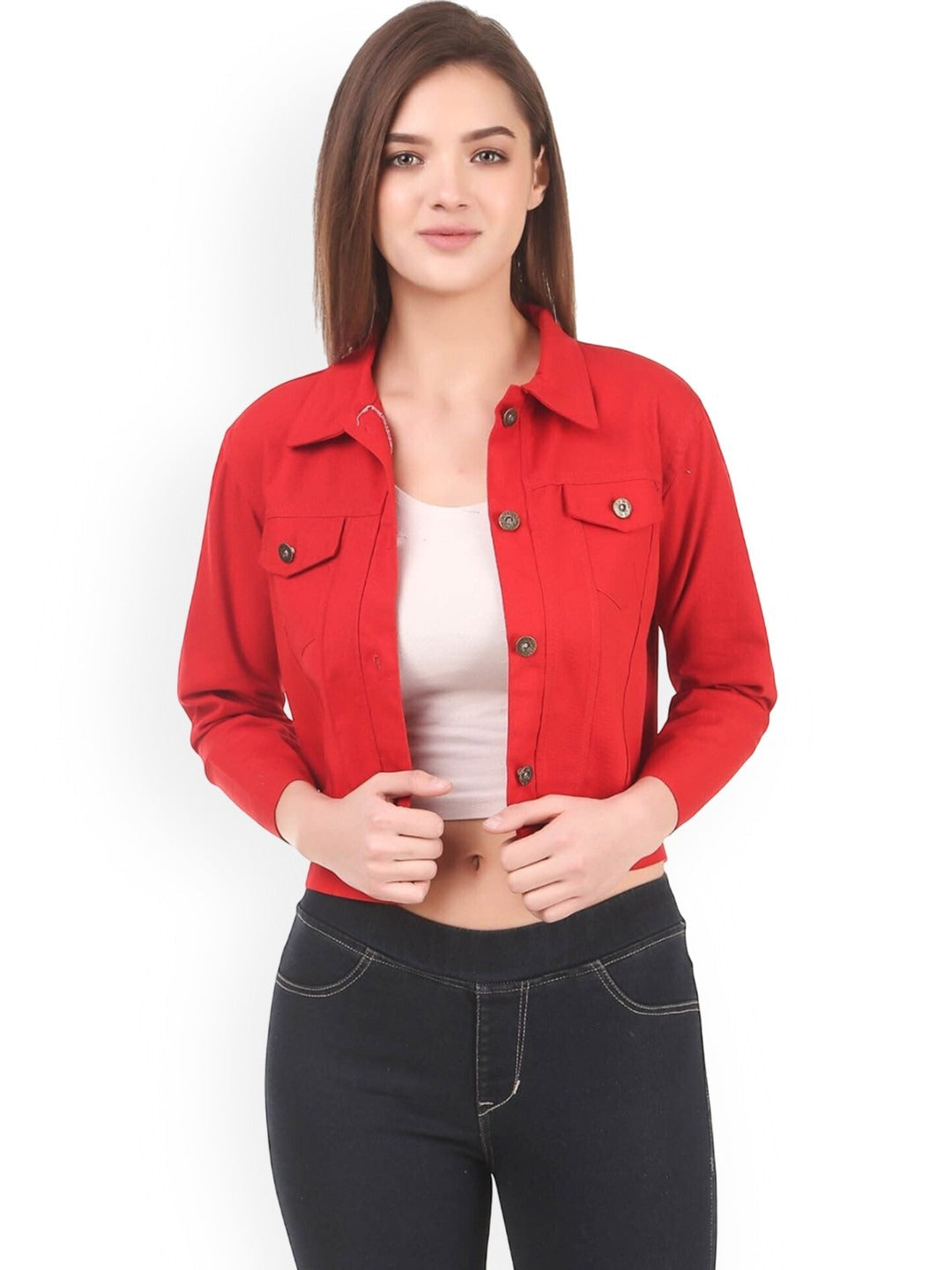 Women Red Spread Collar Solid Casual Denim Jacket – Classic Street Style by DOCACCA Pakistan