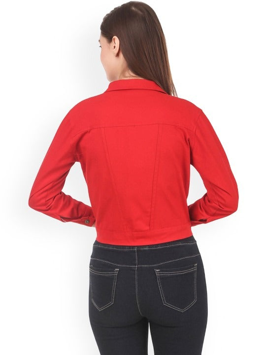 Women Red Spread Collar Solid Casual Denim Jacket – Classic Street Style by DOCACCA Pakistan