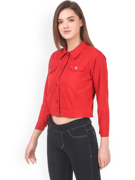 Women Red Spread Collar Solid Casual Denim Jacket – Classic Street Style by DOCACCA Pakistan