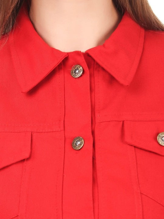 Women Red Spread Collar Solid Casual Denim Jacket – Classic Street Style by DOCACCA Pakistan