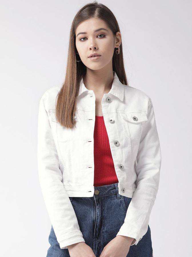 Women White Solid Denim Jacket