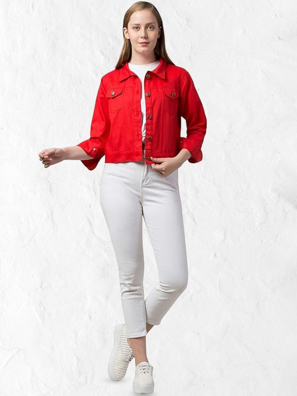 Women Red Spread Collar Cotton Denim Jacket – Casual Everyday Outerwear by DOCACCA Pakistan