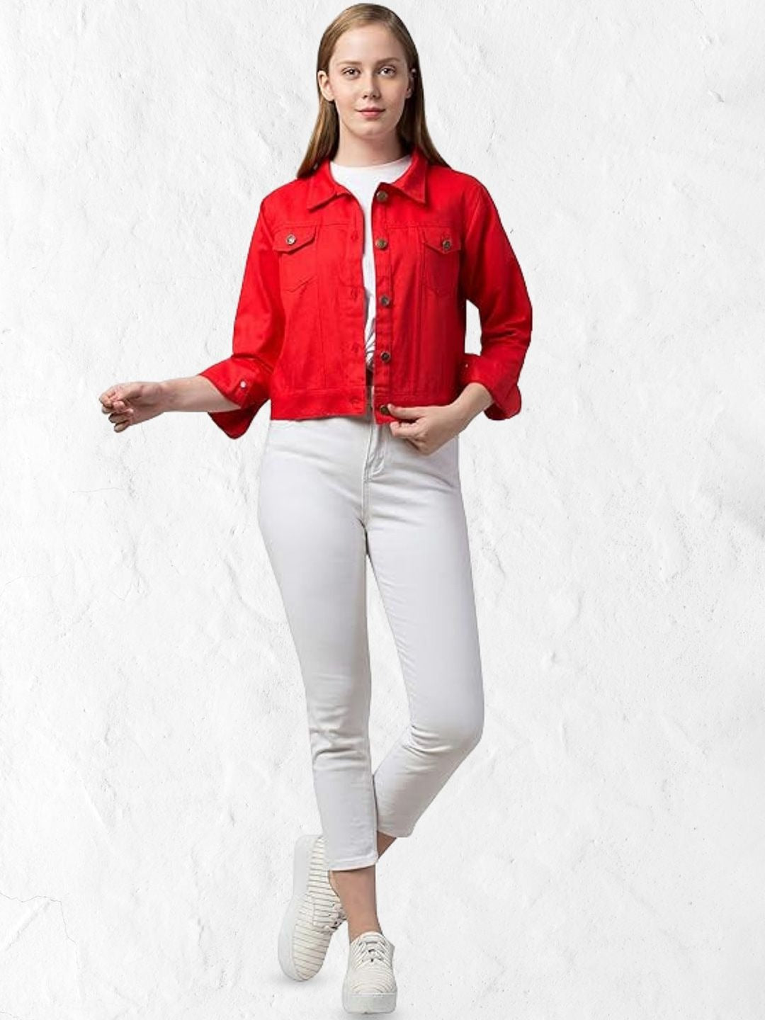 Women Red Spread Collar Cotton Denim Jacket – Casual Everyday Outerwear by DOCACCA Pakistan