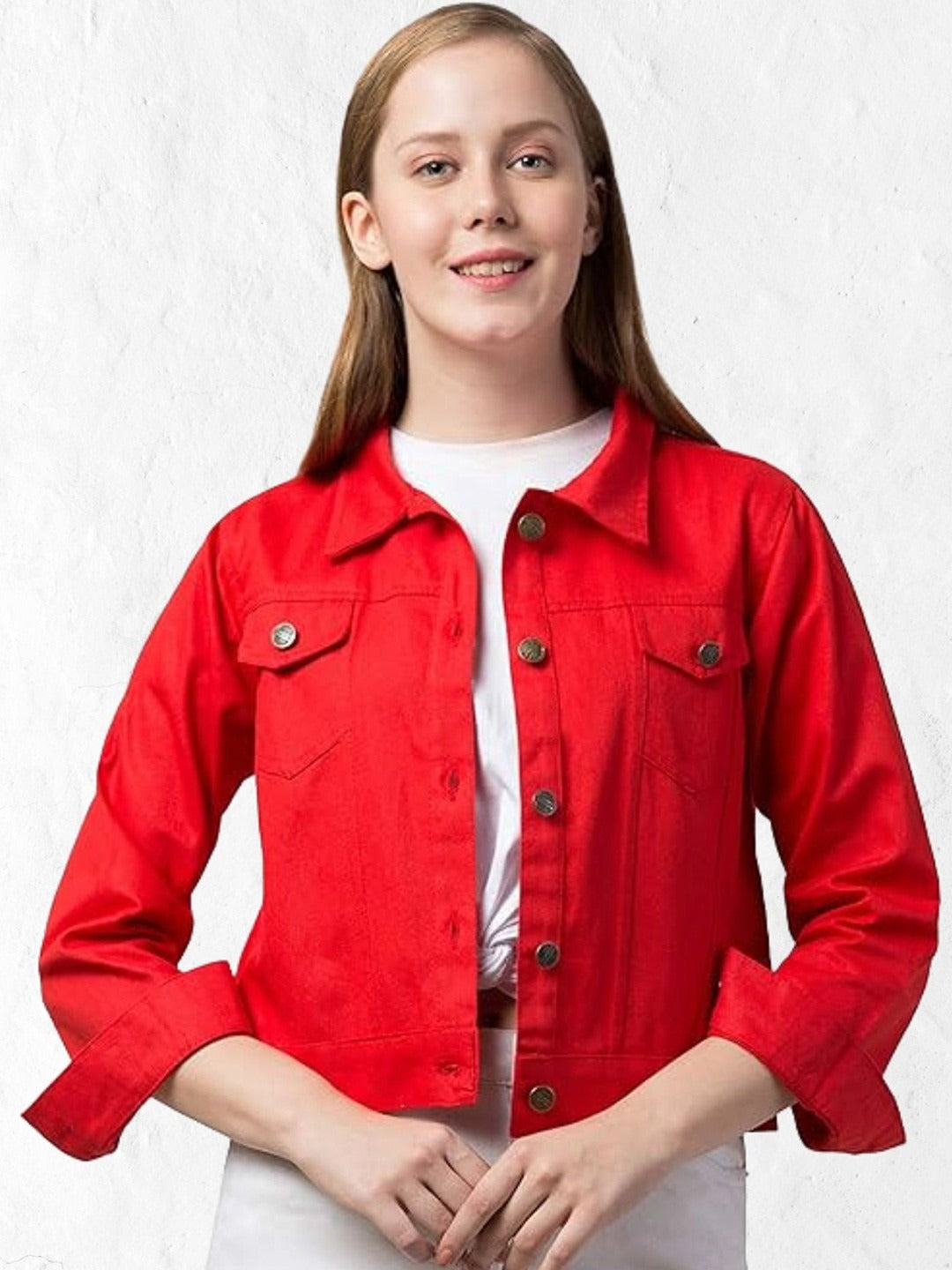 Women Red Spread Collar Cotton Denim Jacket – Casual Everyday Outerwear by DOCACCA Pakistan