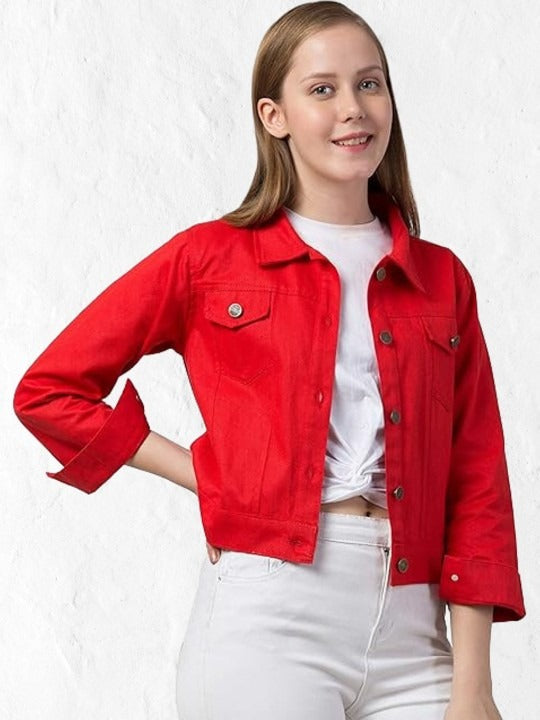 Women Red Spread Collar Cotton Denim Jacket – Casual Everyday Outerwear by DOCACCA Pakistan
