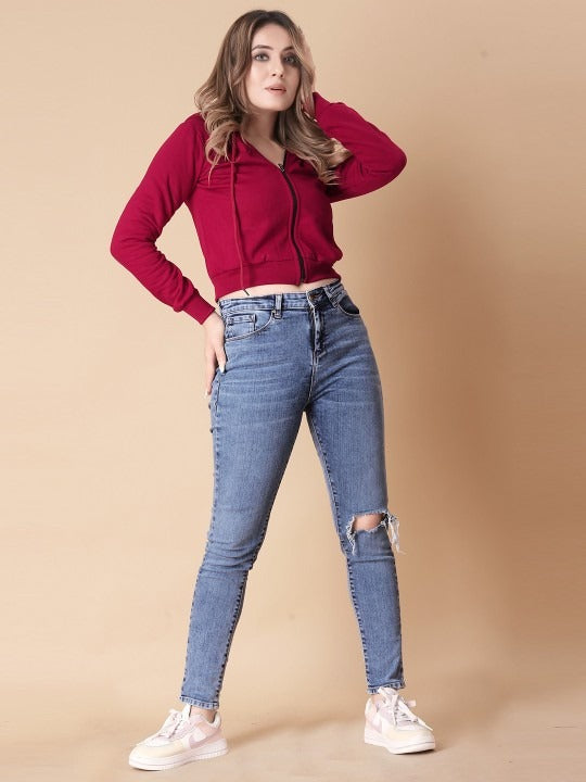 Women Solid Hooded Cropped Zipper Hoodie – Cropped Zip-Up, Breathable & Travel-Ready | DOCACCA