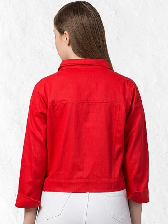 Women Red Spread Collar Cotton Denim Jacket – Casual Everyday Outerwear by DOCACCA Pakistan