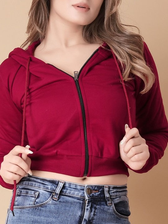 Women Solid Hooded Cropped Zipper Hoodie – Cropped Zip-Up, Breathable & Travel-Ready | DOCACCA
