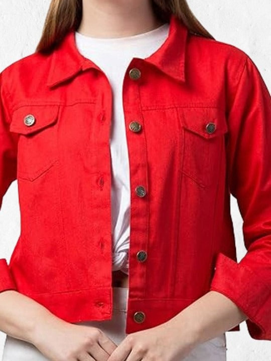 Women Red Spread Collar Cotton Denim Jacket – Casual Everyday Outerwear by DOCACCA Pakistan