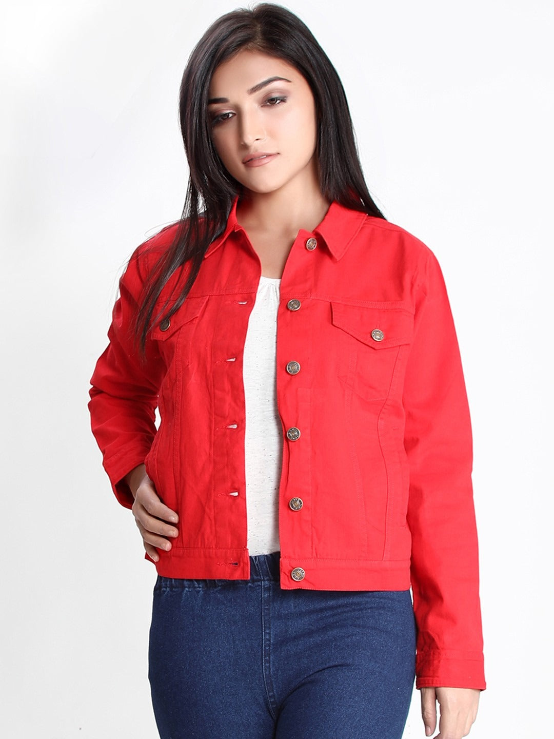 Women Red Lightweight Denim Jacket – Breathable, Stylish Outerwear by DOCACCA Pakistan