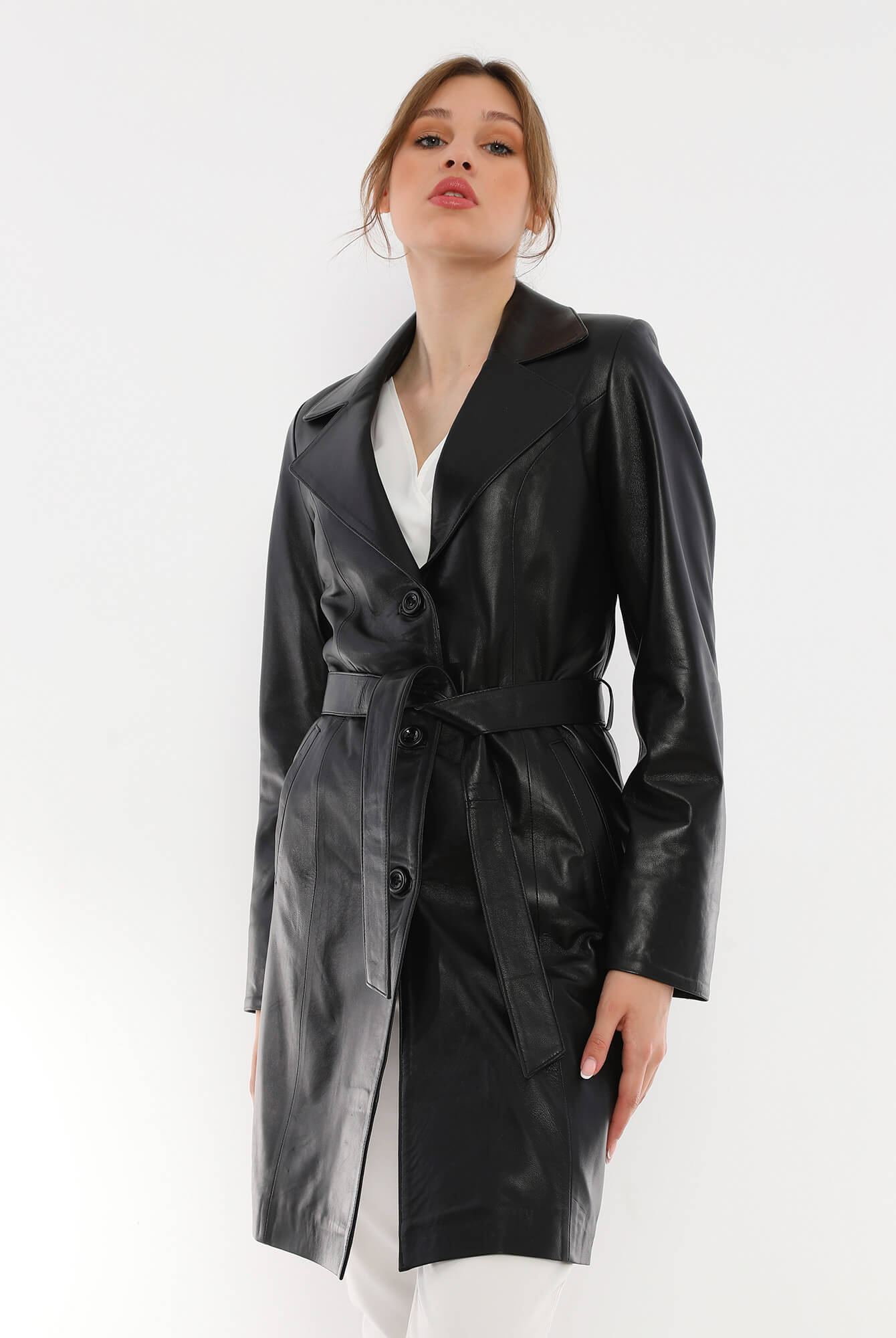 Migissi Black Leather Trench Coat For Women