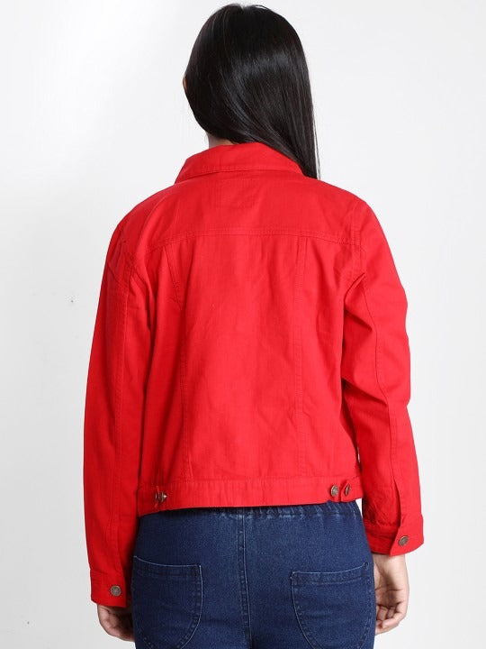 Women Red Lightweight Denim Jacket – Breathable, Stylish Outerwear by DOCACCA Pakistan