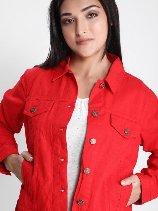 Women Red Lightweight Denim Jacket – Breathable, Stylish Outerwear by DOCACCA Pakistan
