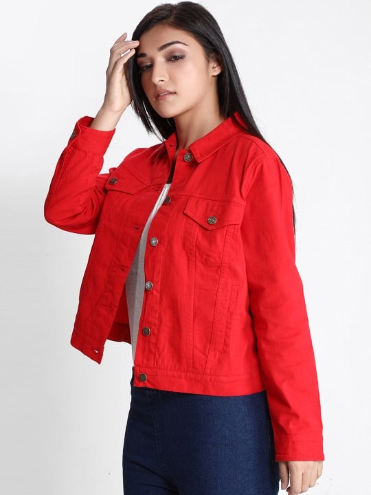 Women Red Lightweight Denim Jacket – Breathable, Stylish Outerwear by DOCACCA Pakistan