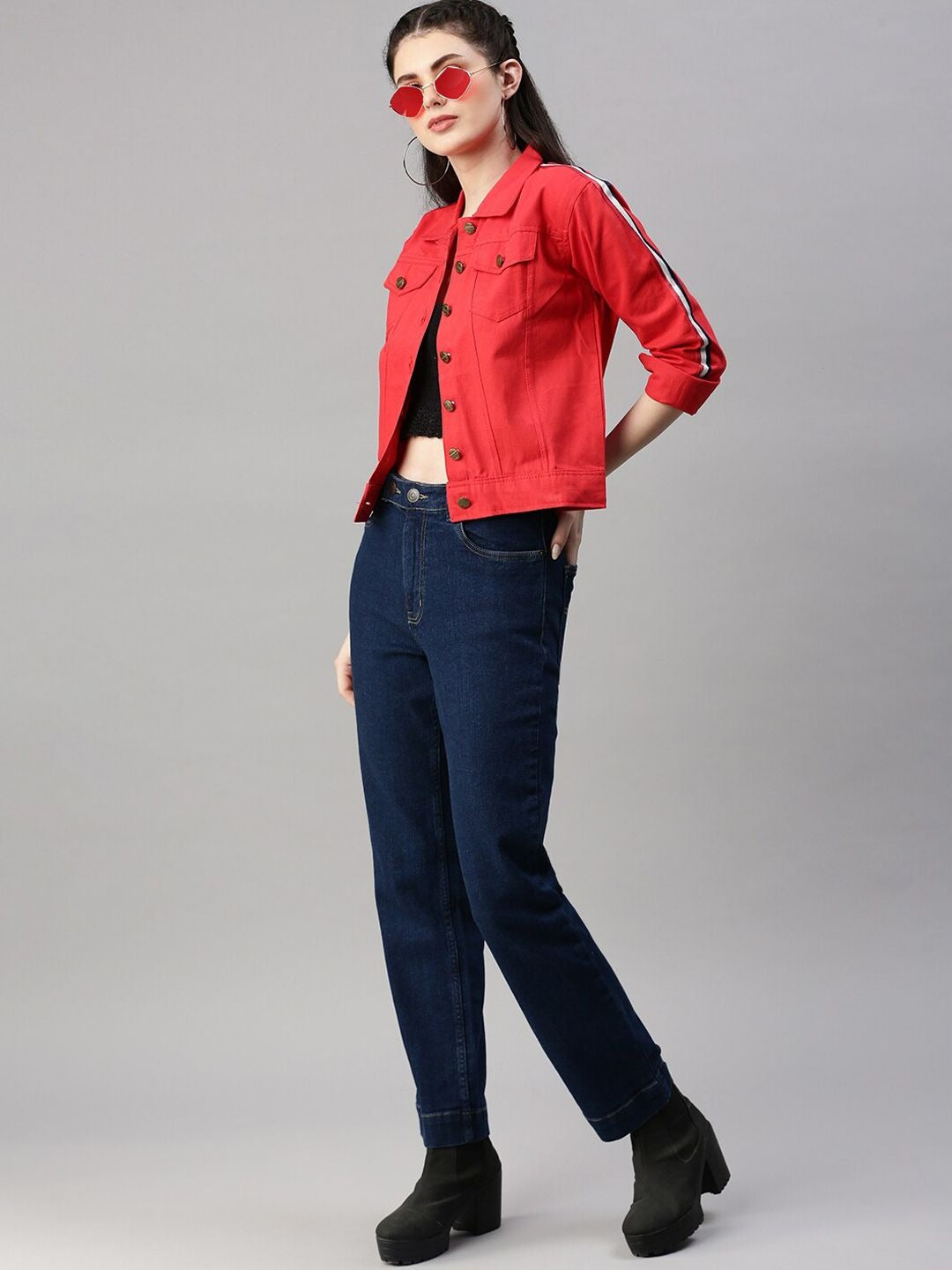 Spread Collar Red Crop Denim Jacket for Women – Stylish Casual Outerwear by DOCACCA Pakistan