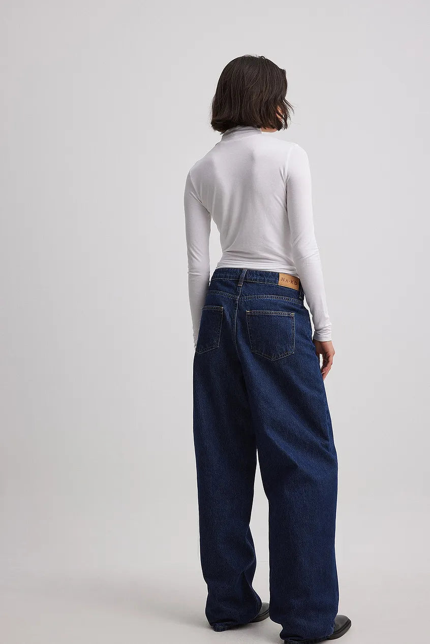 Mid Waist Loose Long Jeans in Dark Blue - Comfortable & Stylish Denim