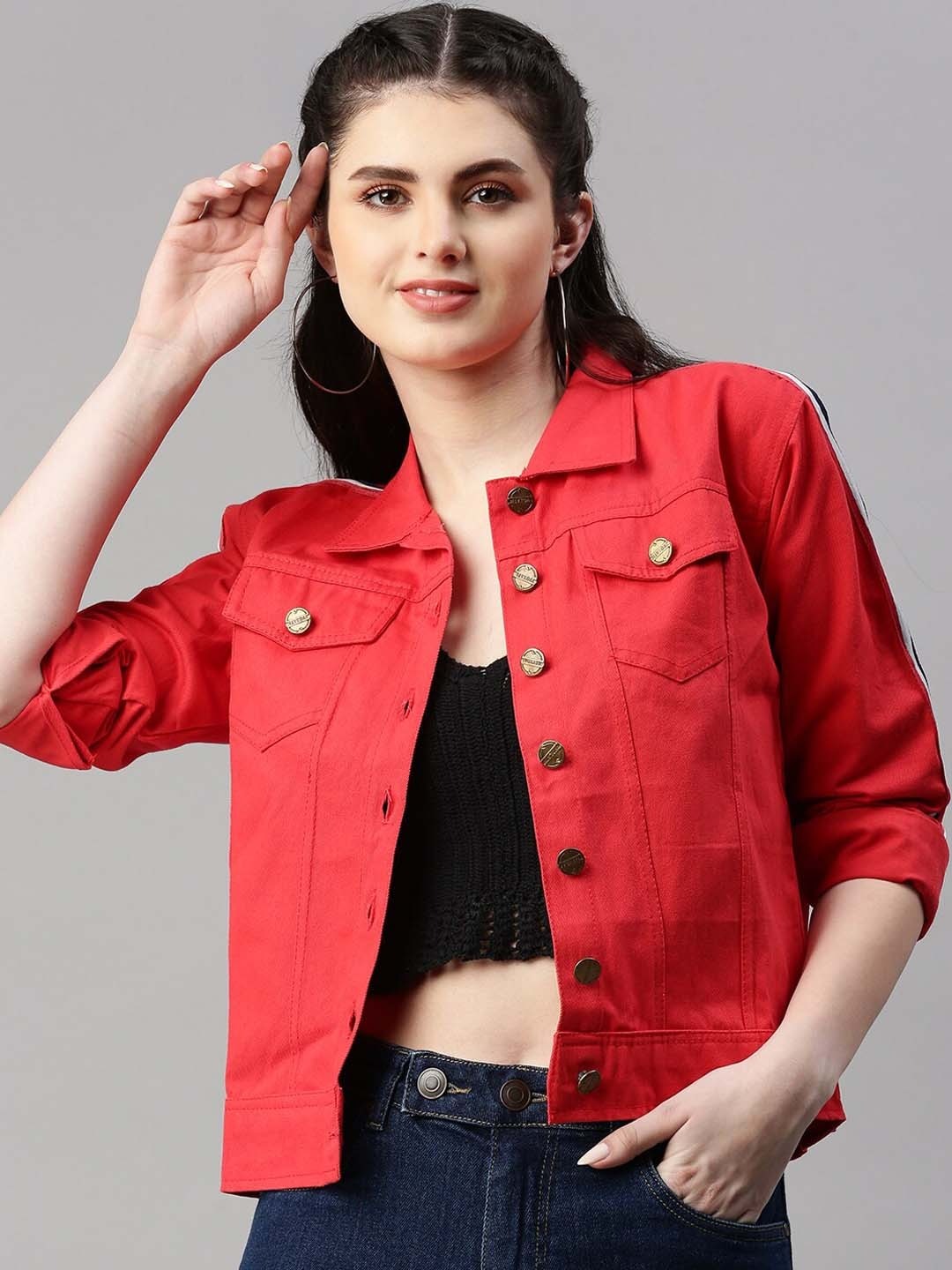 Spread Collar Red Crop Denim Jacket for Women – Stylish Casual Outerwear by DOCACCA Pakistan