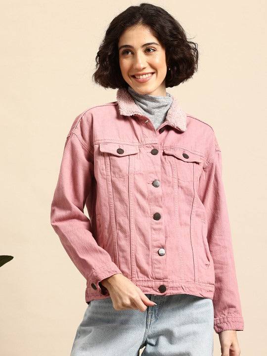 Twill Faux Fur Trim Pure Cotton Denim Jacket for Women – Warm Winter Outerwear | DOCACCA Pakistan