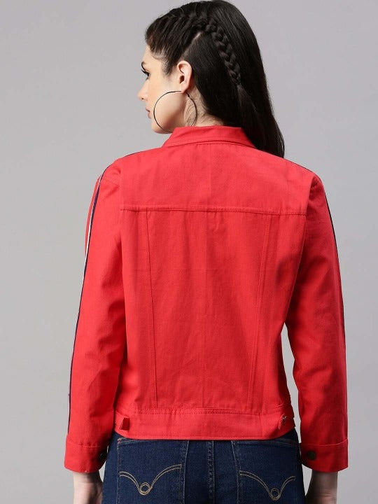 Spread Collar Red Crop Denim Jacket for Women – Stylish Casual Outerwear by DOCACCA Pakistan