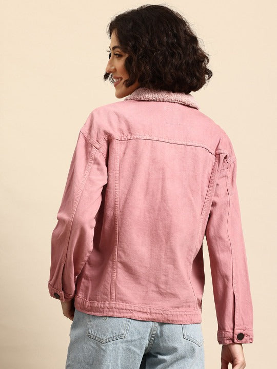Twill Faux Fur Trim Pure Cotton Denim Jacket for Women – Warm Winter Outerwear | DOCACCA Pakistan
