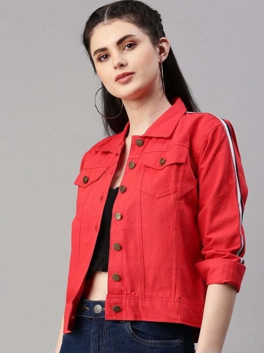 Spread Collar Red Crop Denim Jacket for Women – Stylish Casual Outerwear by DOCACCA Pakistan