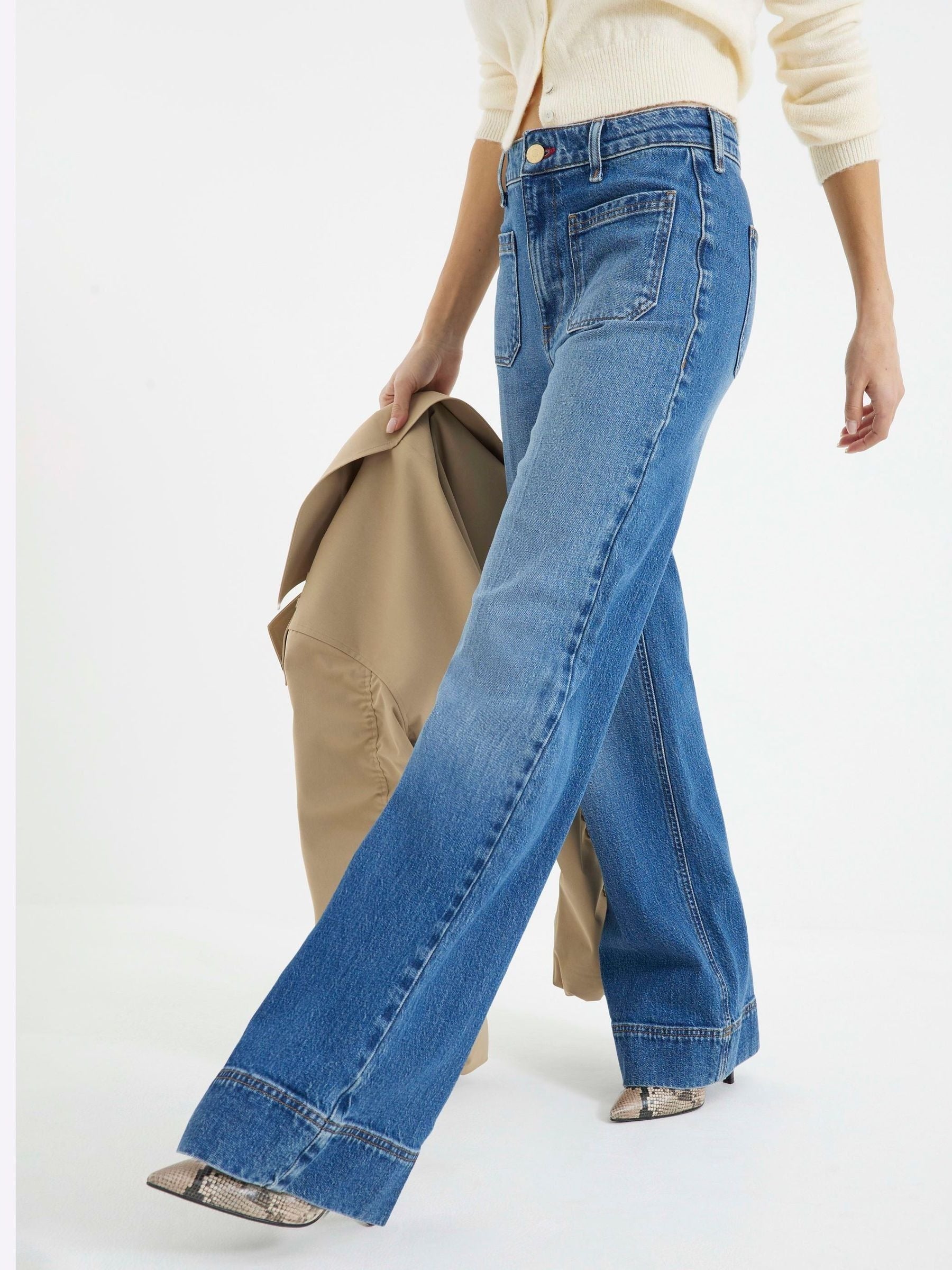 Women Rinse Blue Jersey Denim Wide Leg Trousers – Comfortable & Stylish Pants for Pakistan | DOCACCA