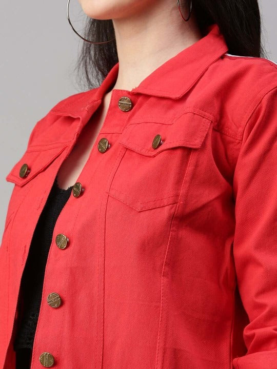 Spread Collar Red Crop Denim Jacket for Women – Stylish Casual Outerwear by DOCACCA Pakistan