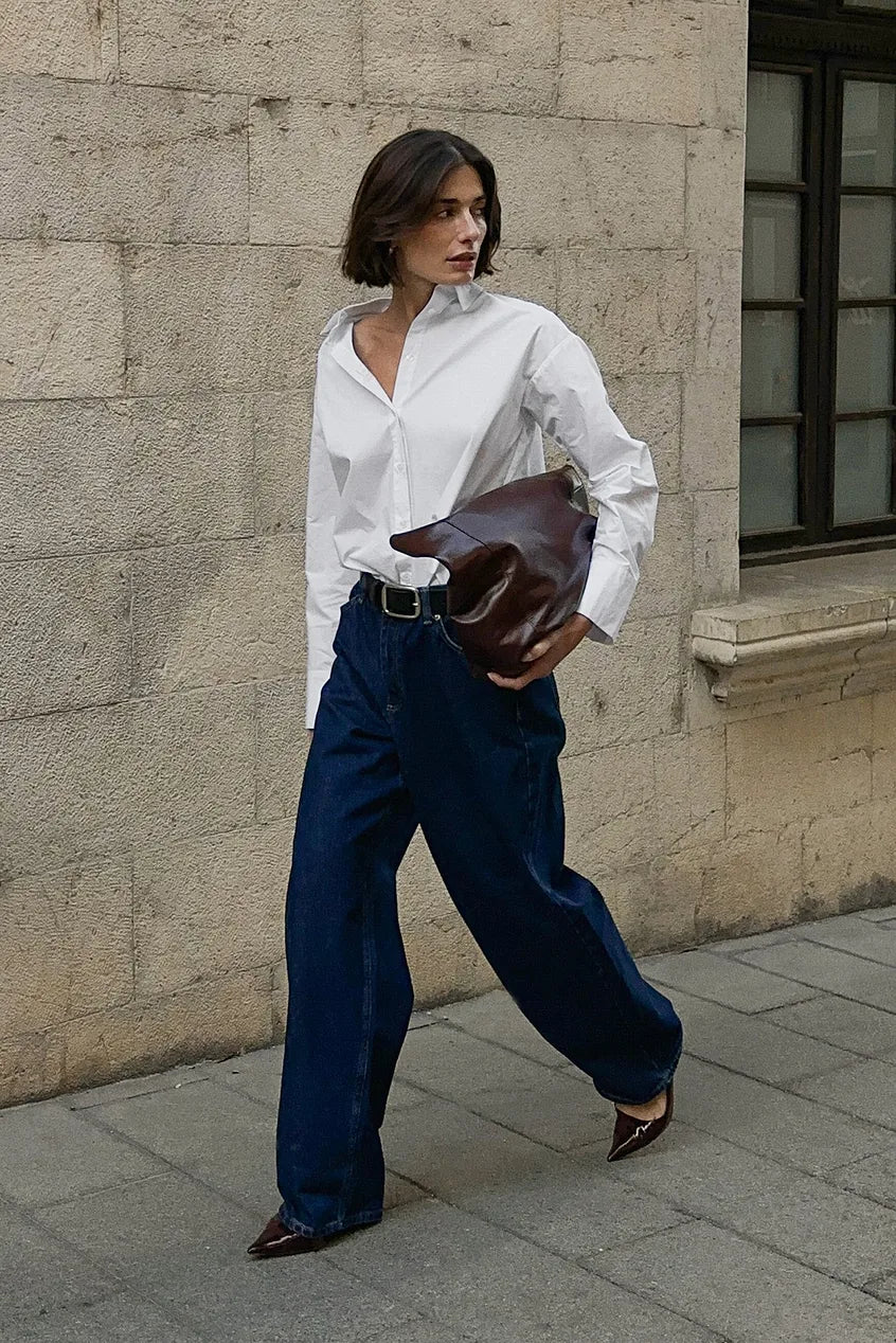 Mid Waist Loose Long Jeans in Dark Blue - Comfortable & Stylish Denim